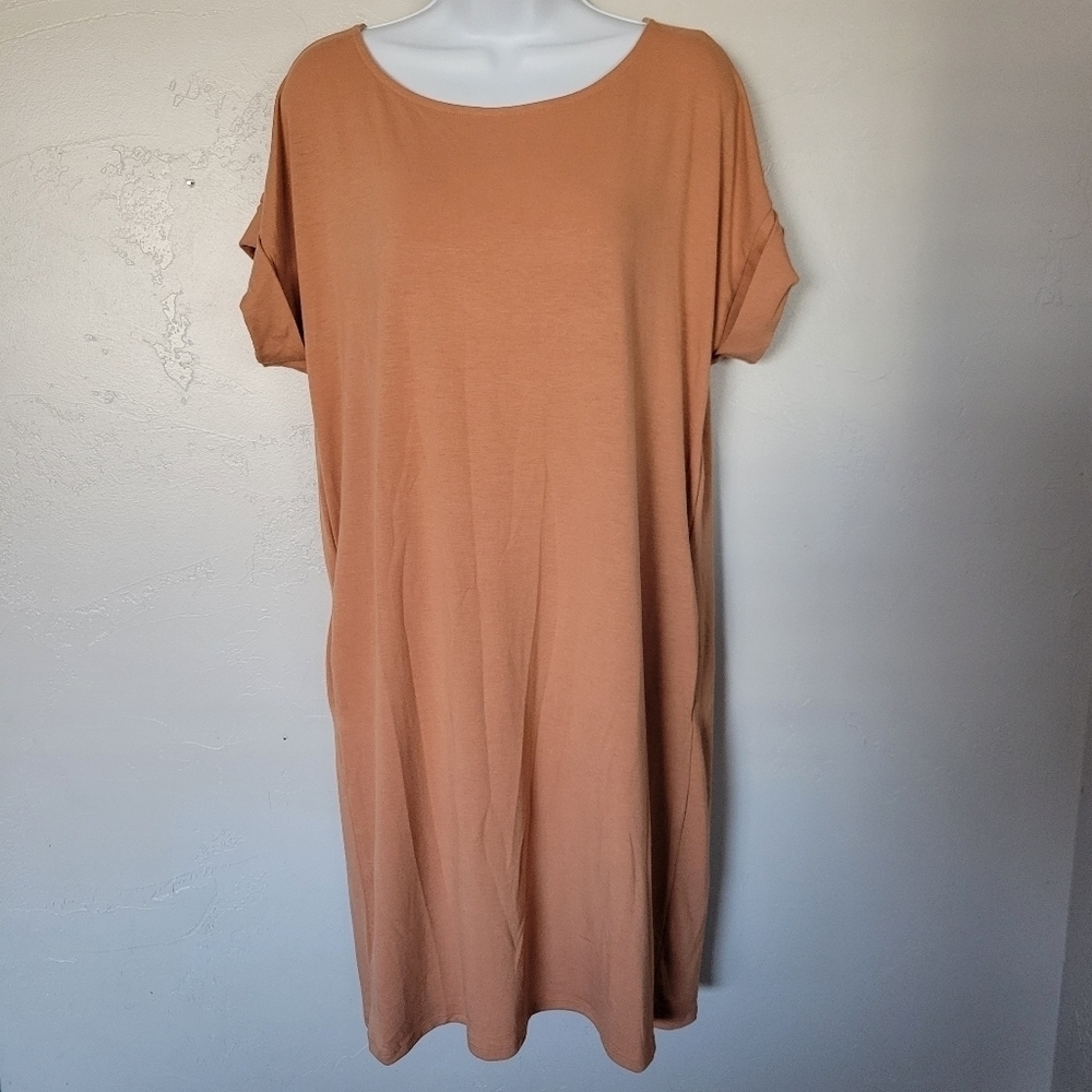 Zenana Premium Rust Orange Short Sleeve T-shirt Dress Rolled Sleeves Medium